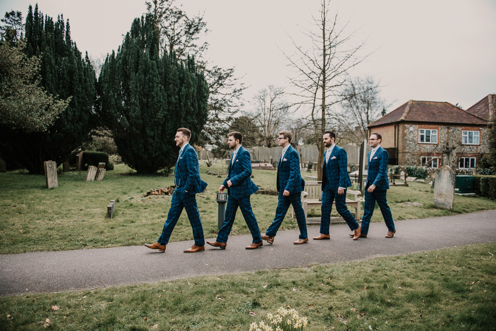 Groom Groomsmen Blue Check Suit Tie Morden Hall Wedding Mark OBrien