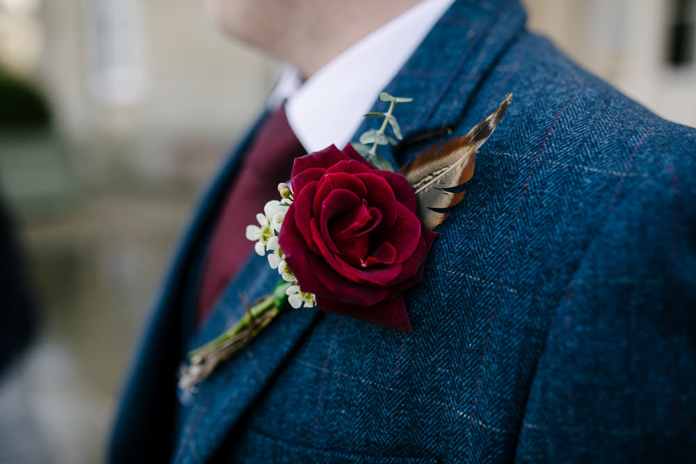 Red Rose Buttonhole Navy Winter Wedding Aden Priest Photography