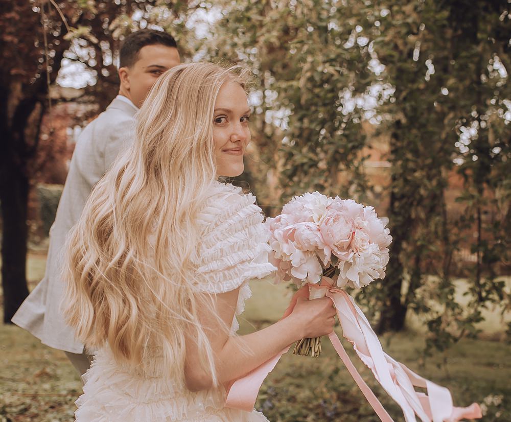 Bride Bridal Hair Long Waves Peony Pink Wedding Kelly Hiscox Photography