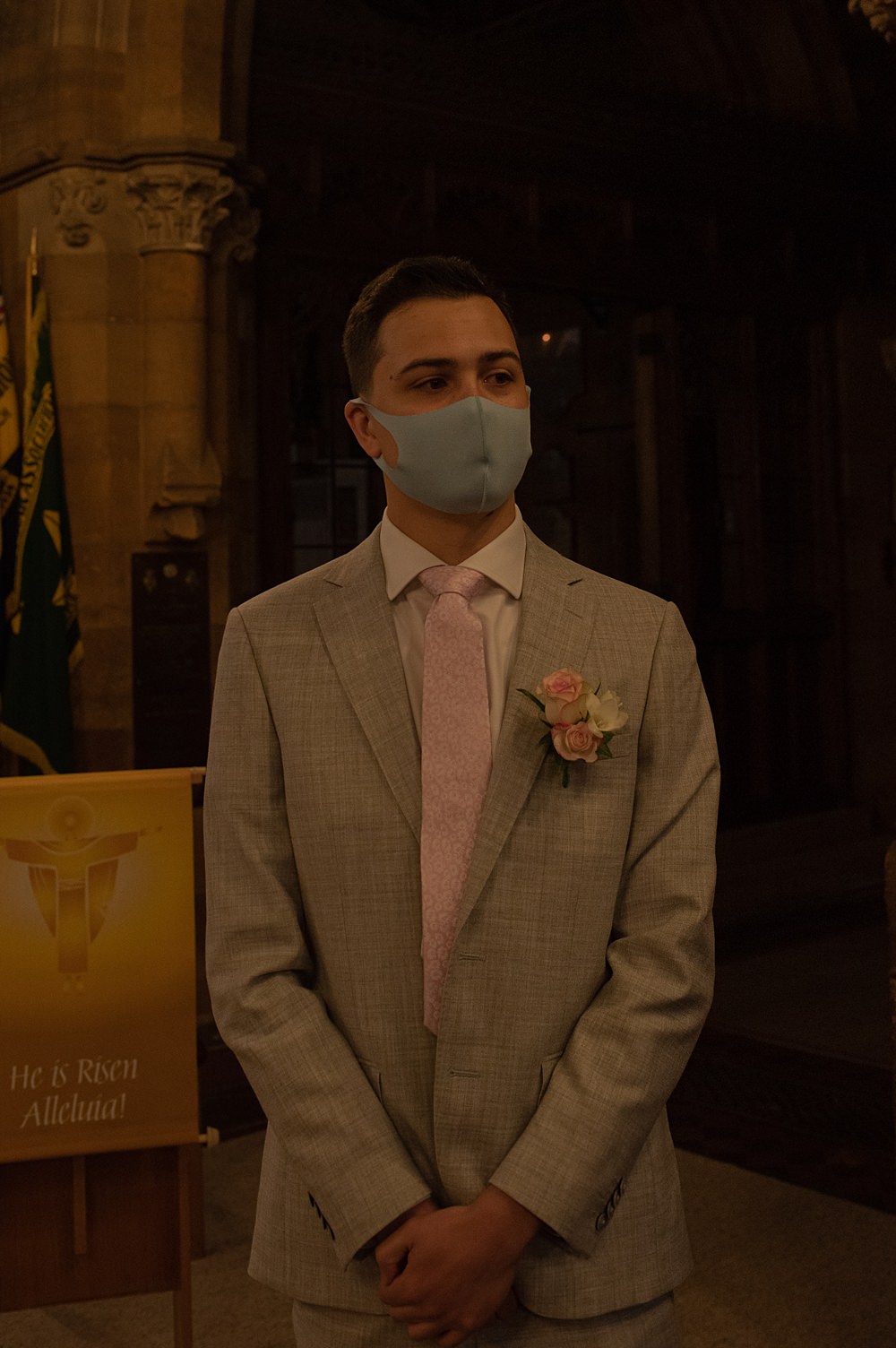 Groom Suit Grey Tie Face Mask Peony Pink Wedding Kelly Hiscox Photography