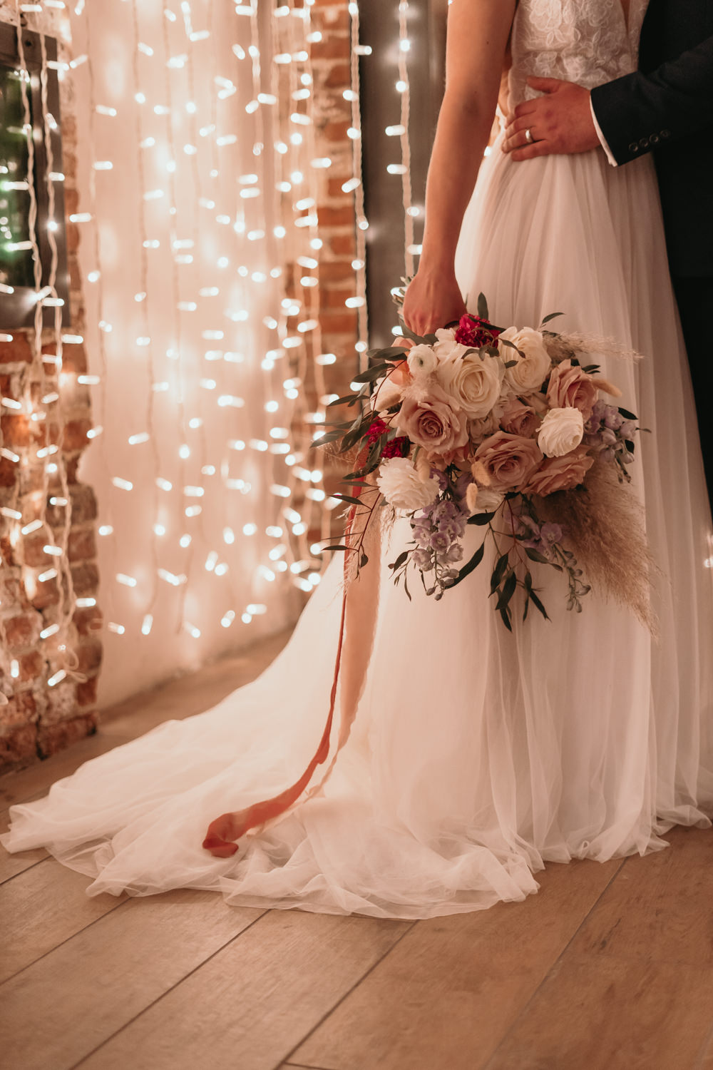 Bouquet Flowers Bride Bridal Pink Rose Ribbon Pizza Wedding Reception Becca Kerr Photography