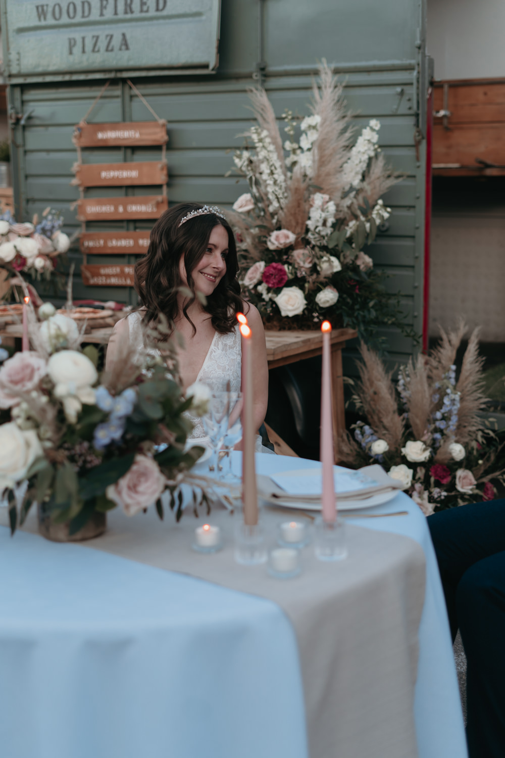 Sweetheart Table Decor Pink Candles Flowers Pizza Wedding Reception Becca Kerr Photography