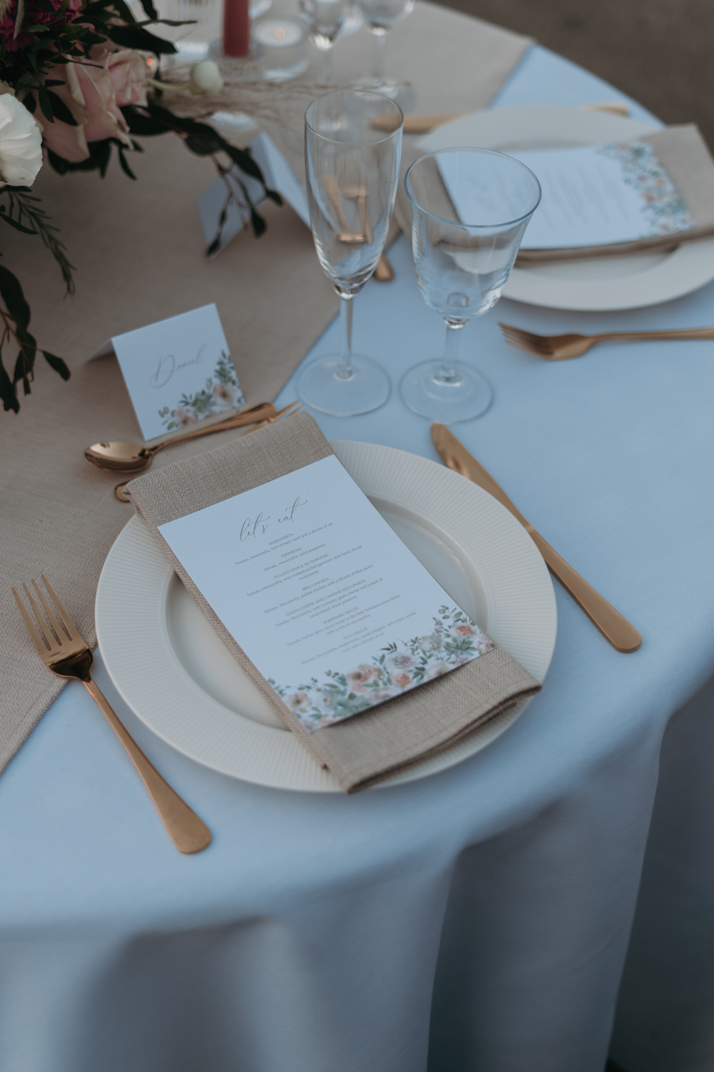 Place Setting Decor Menu Cutlery Pizza Wedding Reception Becca Kerr Photography