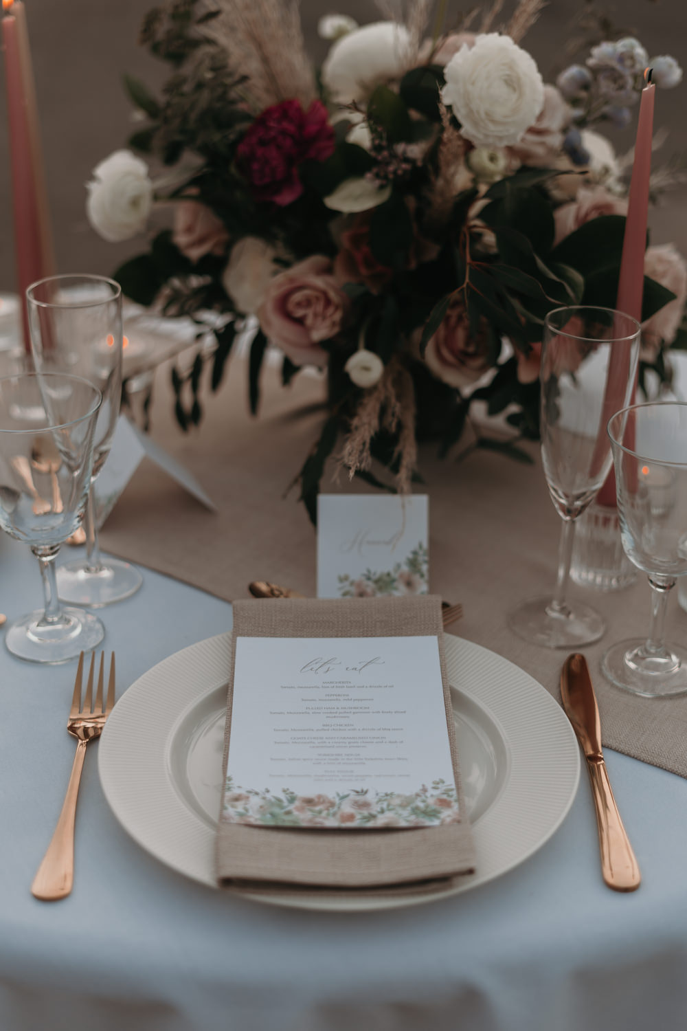 Place Setting Decor Flowers Pizza Wedding Reception Becca Kerr Photography