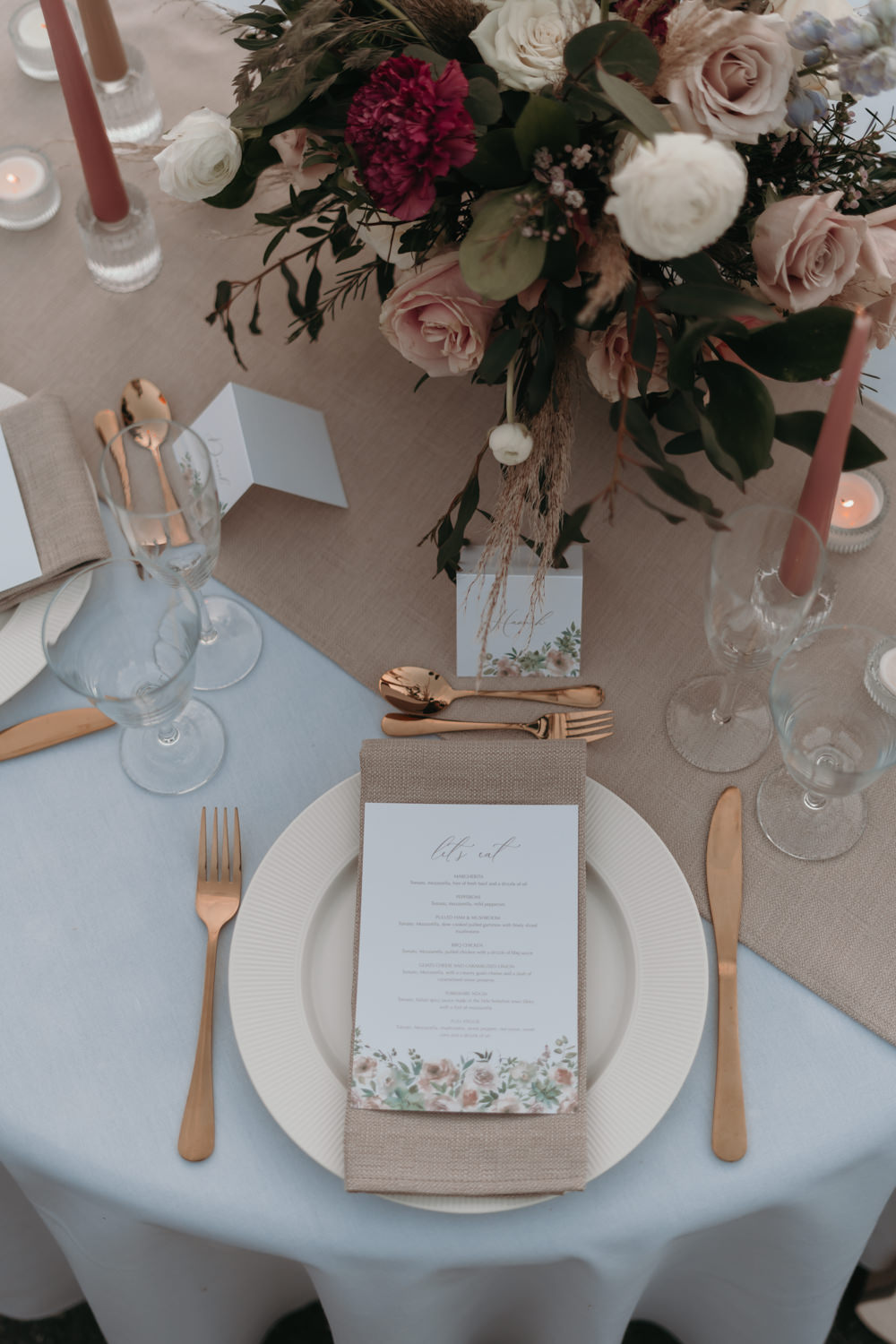 Sweetheart Table Decor Pink Candles Flowers Pizza Wedding Reception Becca Kerr Photography