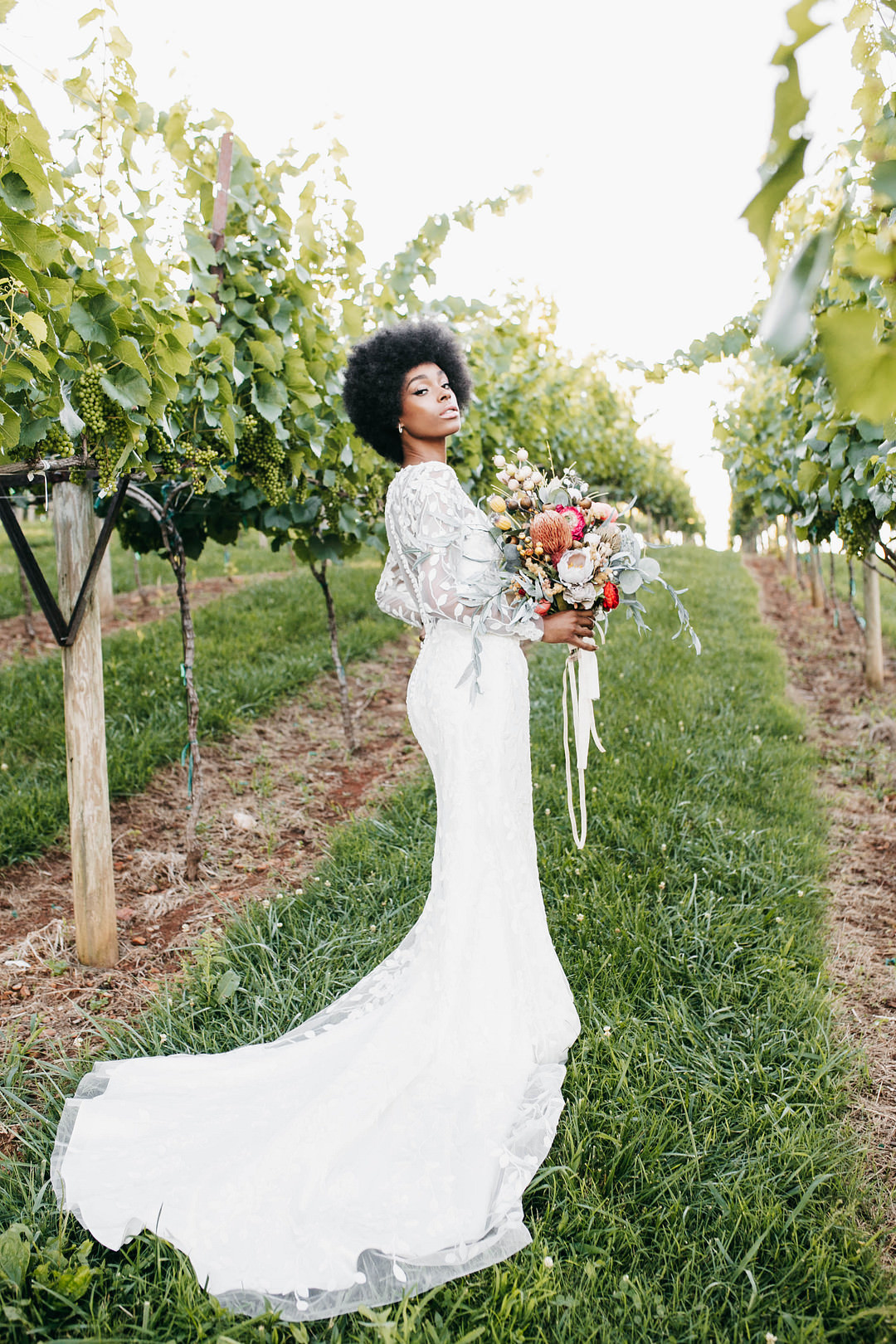 Dress Gown Bride Bridal Fit Flare Illusion Lace Sleeves Romantic Fall Wedding WhitneyBre Photography