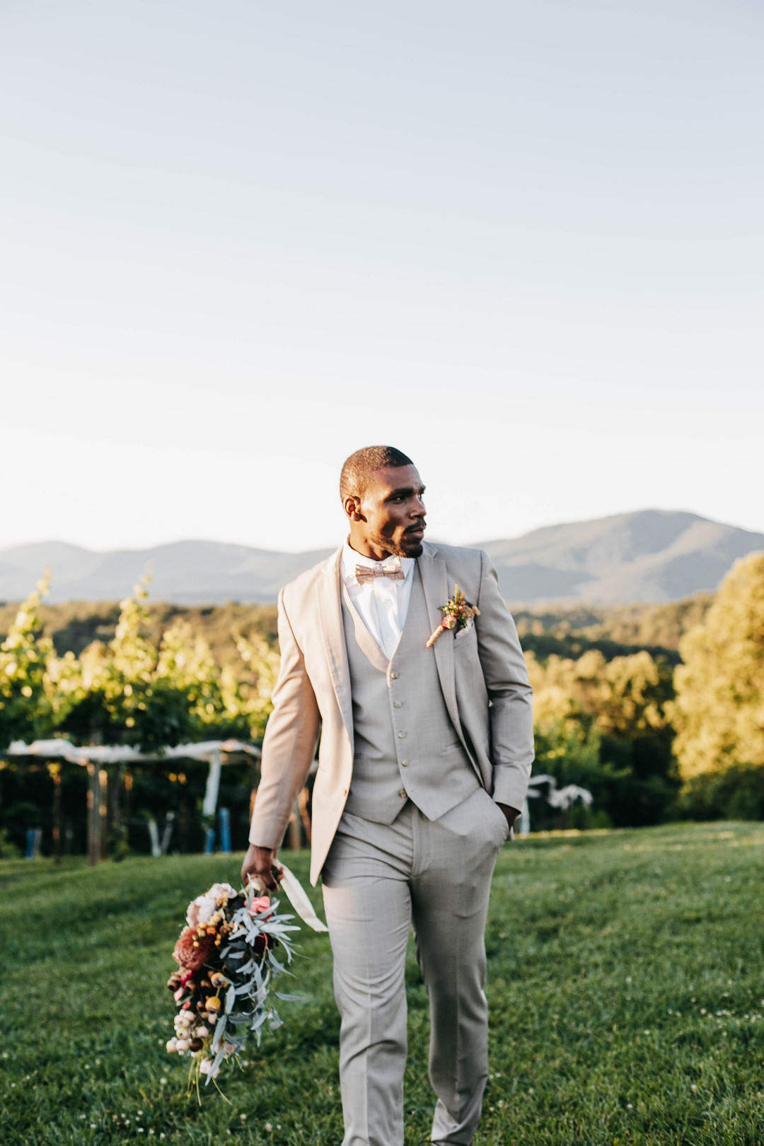 Groom Suit Pale Grey Bow Tie Romantic Fall Wedding WhitneyBre Photography