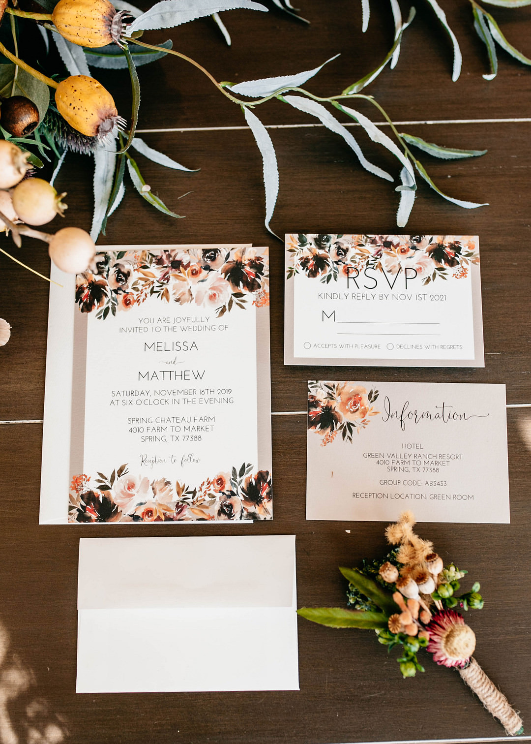 Burgundy Pink Stationery Invite Invitation Romantic Fall Wedding WhitneyBre Photography