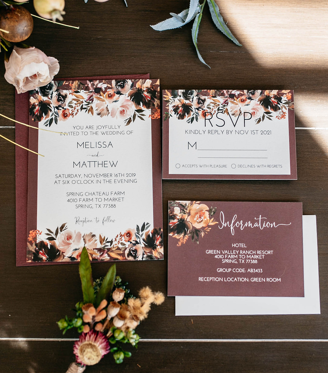 Burgundy Pink Stationery Invite Invitation Romantic Fall Wedding WhitneyBre Photography