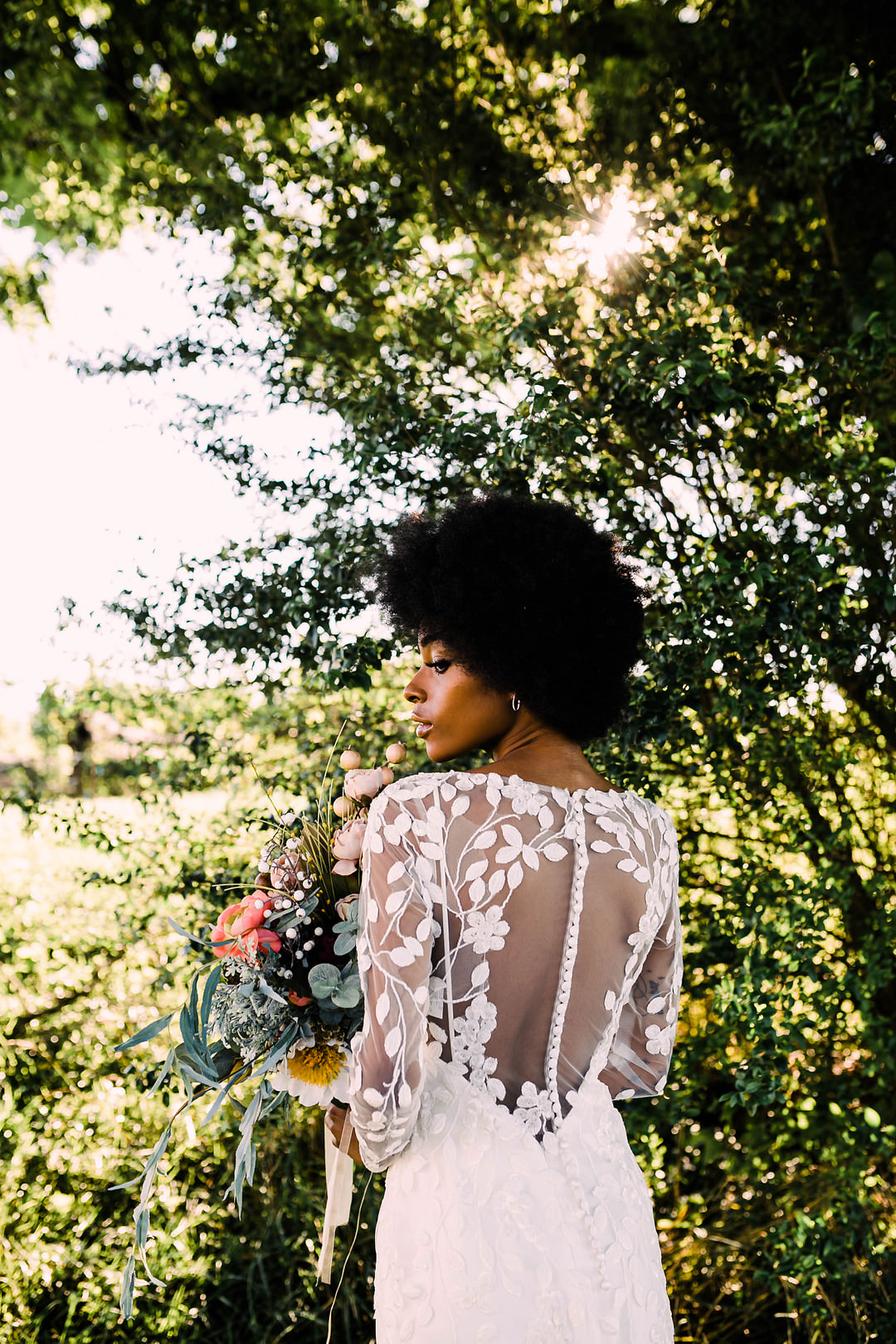 Dress Gown Bride Bridal Fit Flare Illusion Lace Sleeves Romantic Fall Wedding WhitneyBre Photography