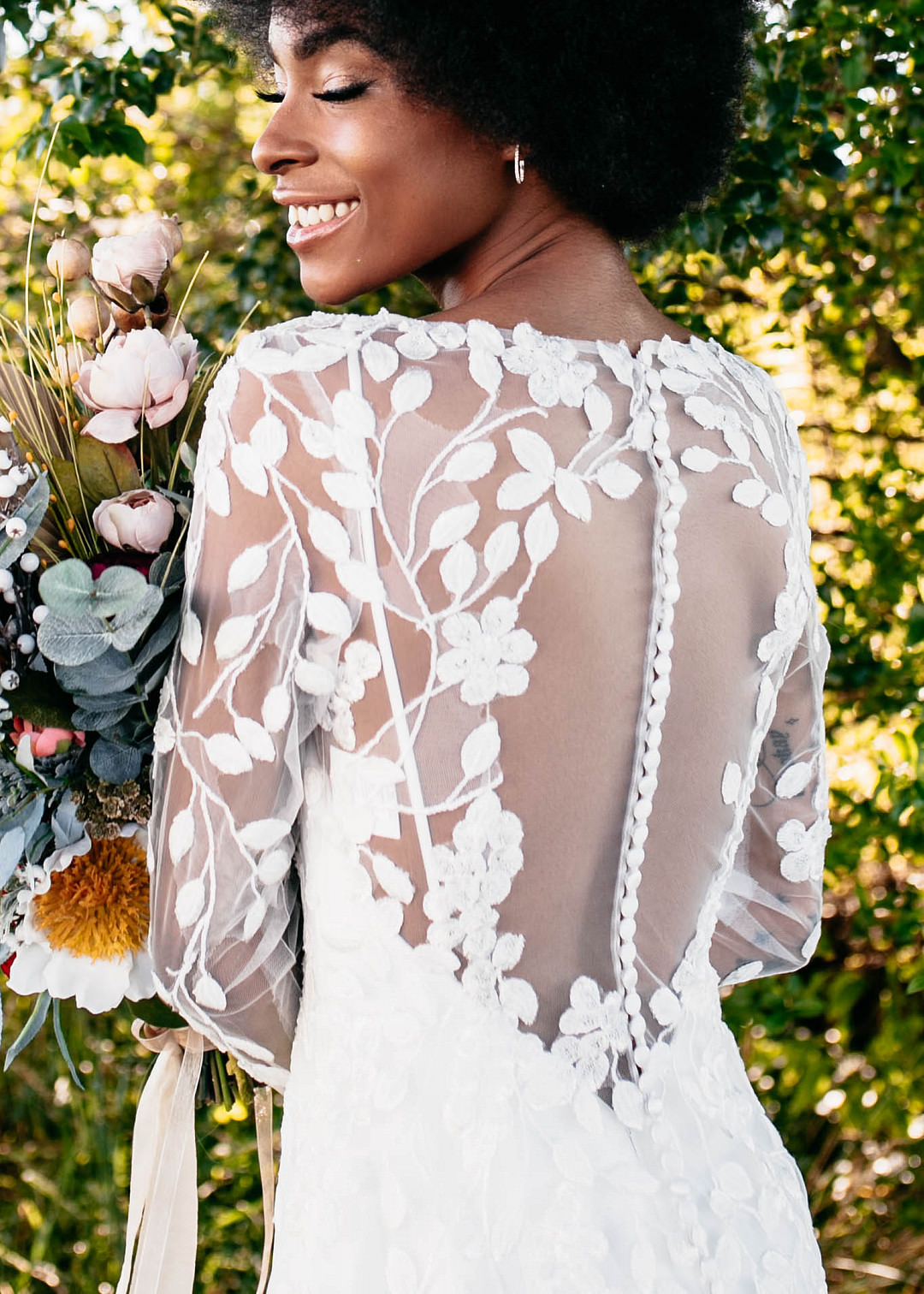 Dress Gown Bride Bridal Fit Flare Illusion Lace Sleeves Romantic Fall Wedding WhitneyBre Photography