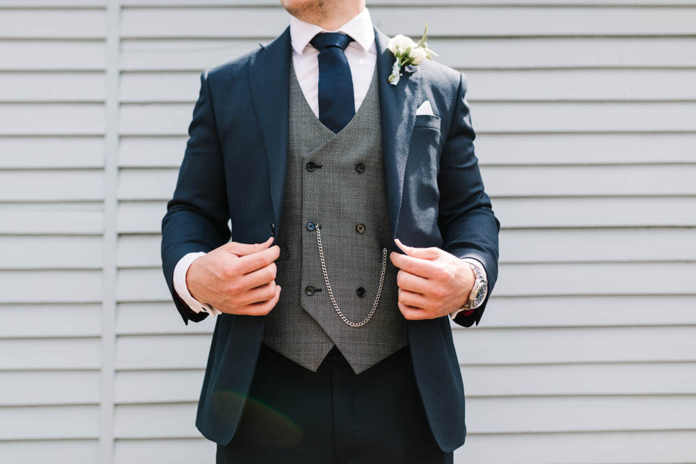 Groom Suit Navy Grey Waistcoat Tie Ruscus Wedding Danielle Smith Photography