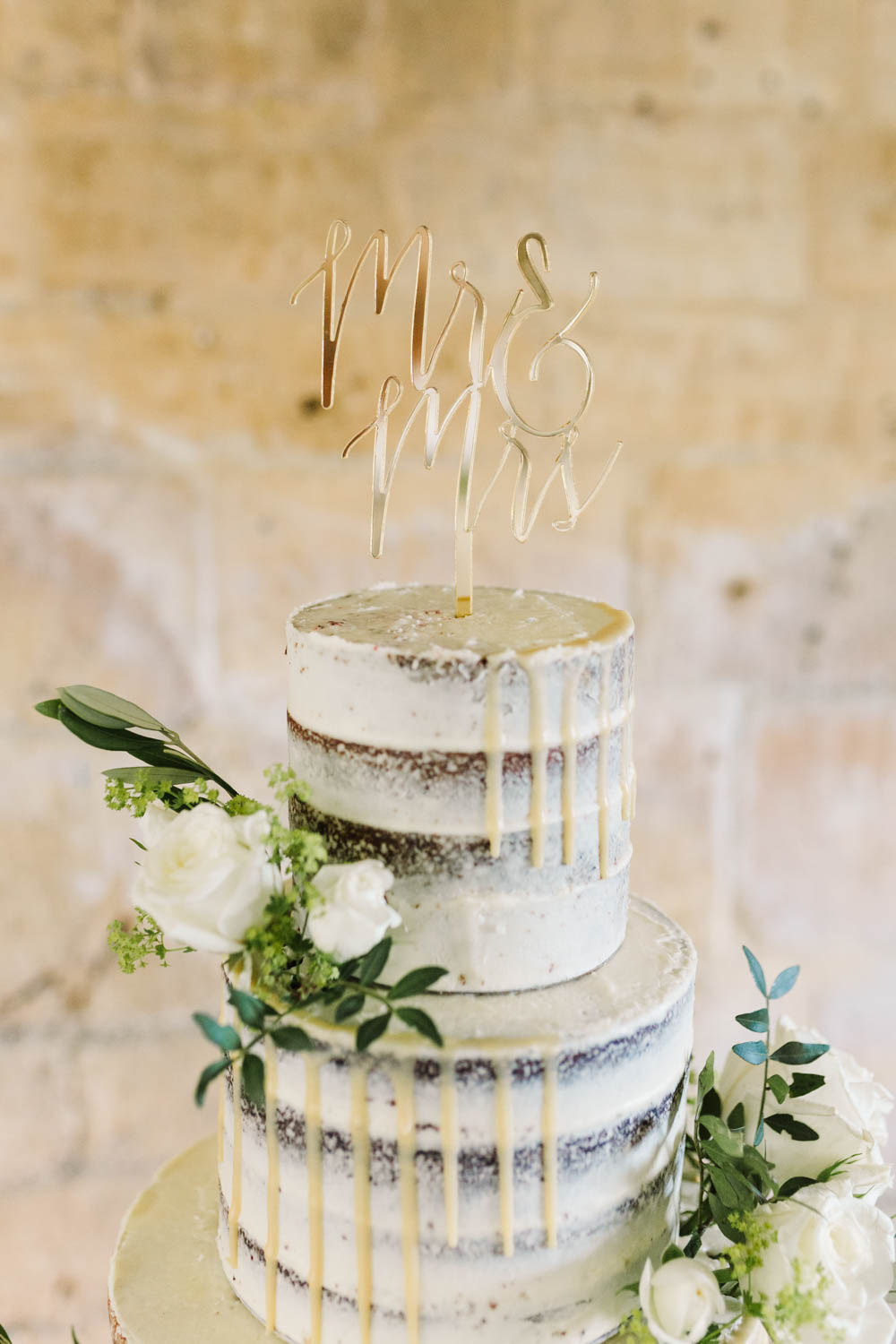 Semi Naked Cake Drip Flowers Gold Topper Layer Ruscus Wedding Danielle Smith Photography