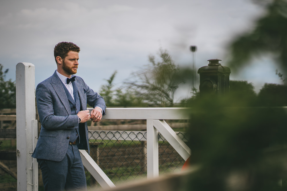 Groom Blue Suit Bow Tie Skipbridge Country Wedding Amy Jordison Photography
