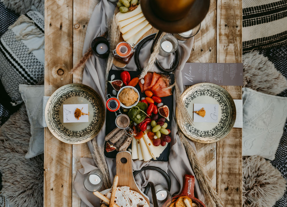 Grazing Platter Tray Sharing Food Table Centre Candles Decor Small Tent Wedding Emberwood Photography