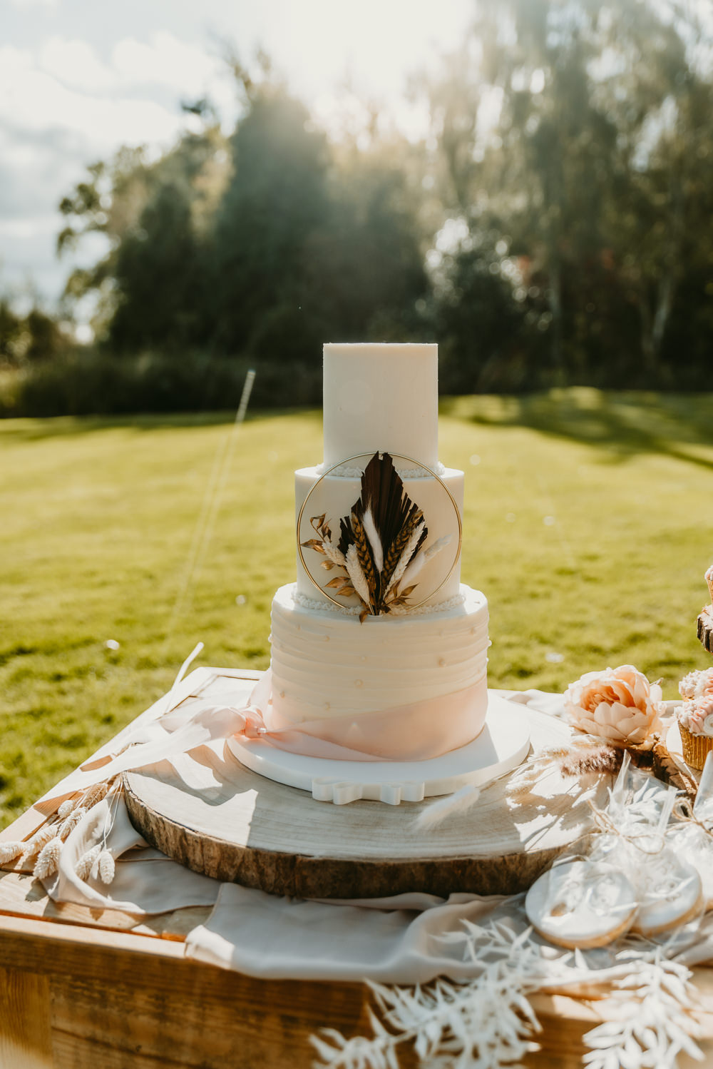 Buttercream Cake Dried Flowers Hoop Pink Ribbon Small Tent Wedding Emberwood Photography