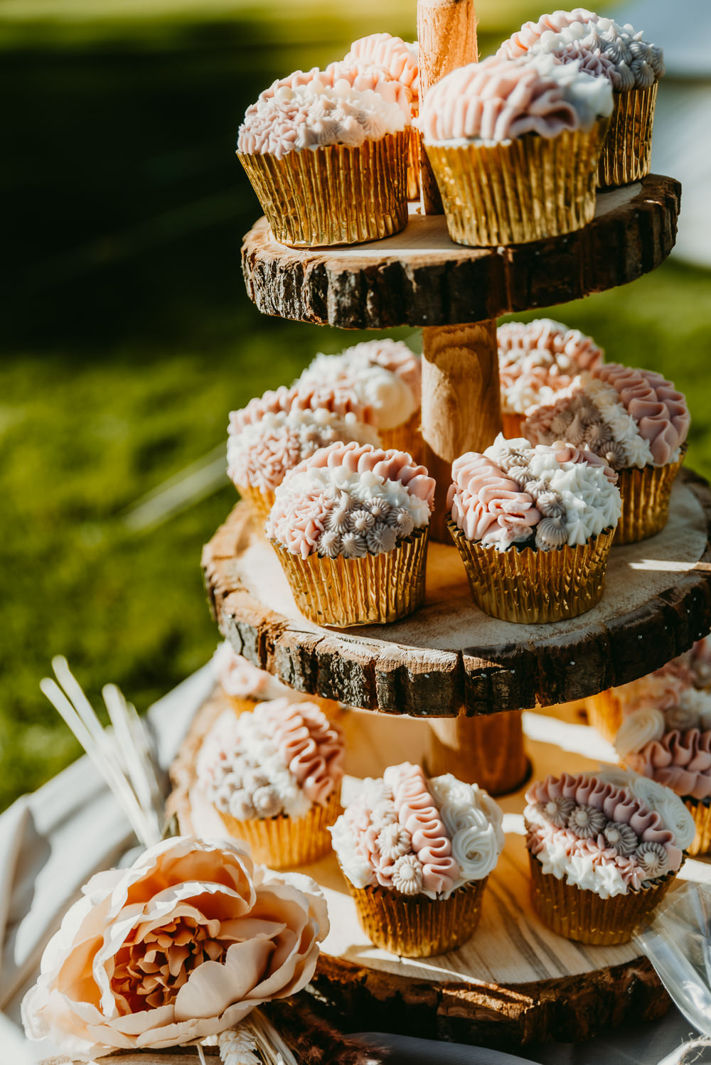 Cupcake Tower Wooden Log Slice Small Tent Wedding Emberwood Photography