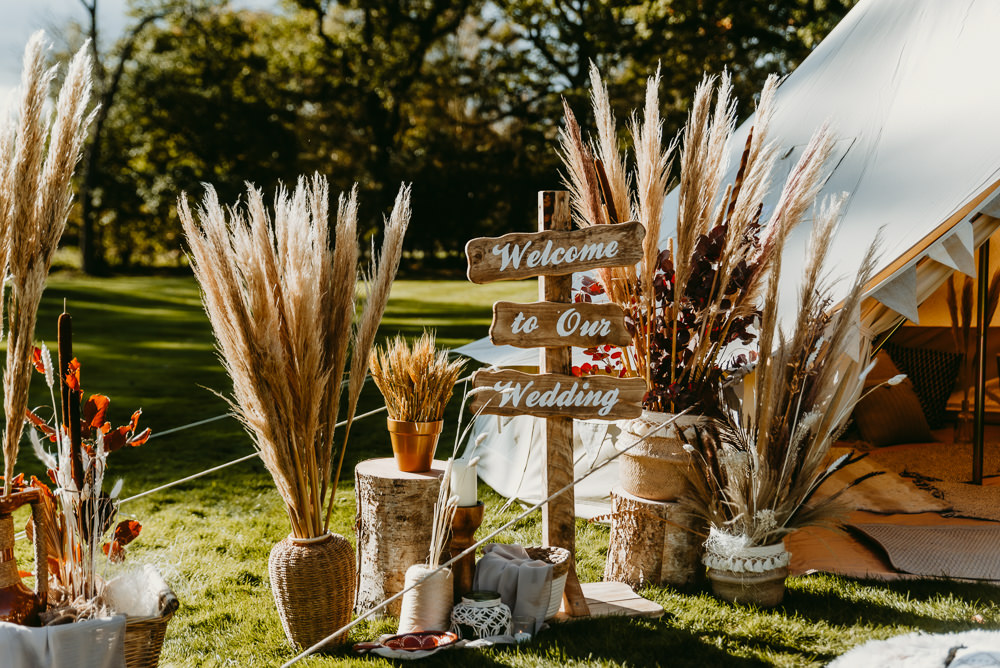 Welcome Sign Signpost Pampas Grass Decor Small Tent Wedding Emberwood Photography