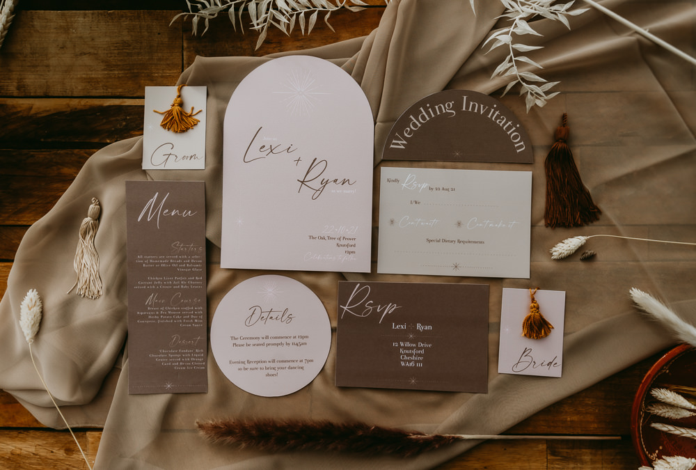 Stationery Invite Invitation Curved Brown Small Tent Wedding Emberwood Photography