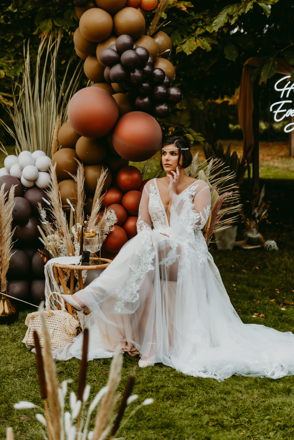 Bride Bridal Dress Gown Illusion Lace Small Tent Wedding Emberwood Photography Balloon Installation Decor Brown Bronze Grass Flowers Decor