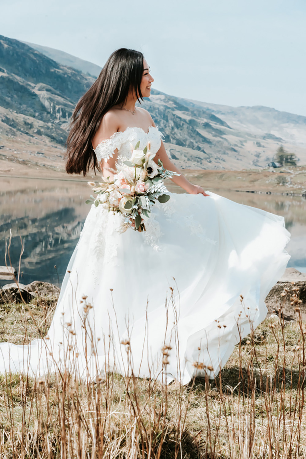 Dress Gown Bride Bridal Off Shoulder Snowdon Wedding Gemma Randall Photography