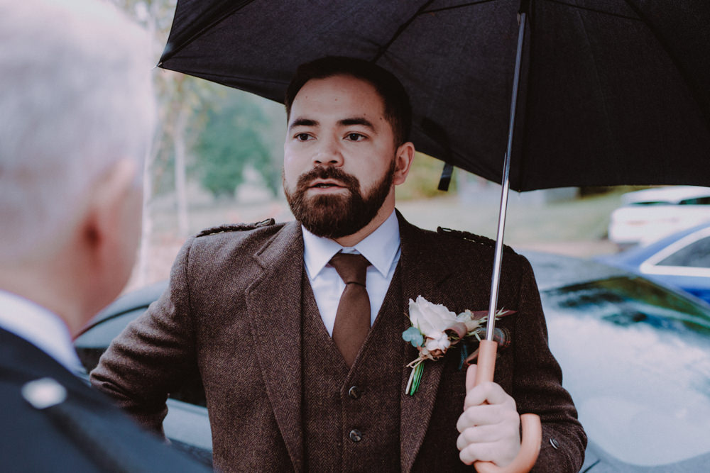 Groom Brown Tweed Suit Tartan Kilt Aberdeenshire Country House Wedding John Elphinstone Stirling