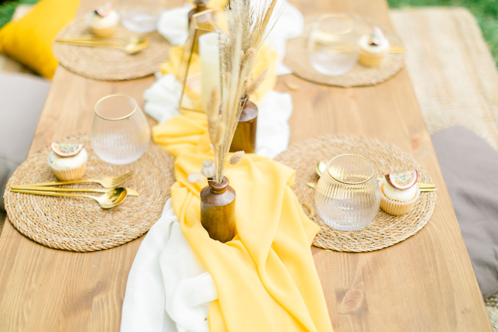 Table Decor Brown Glass Bottles Pampas Grass Yellow Cloth Boho Spring Wedding Jessica Holt Photography