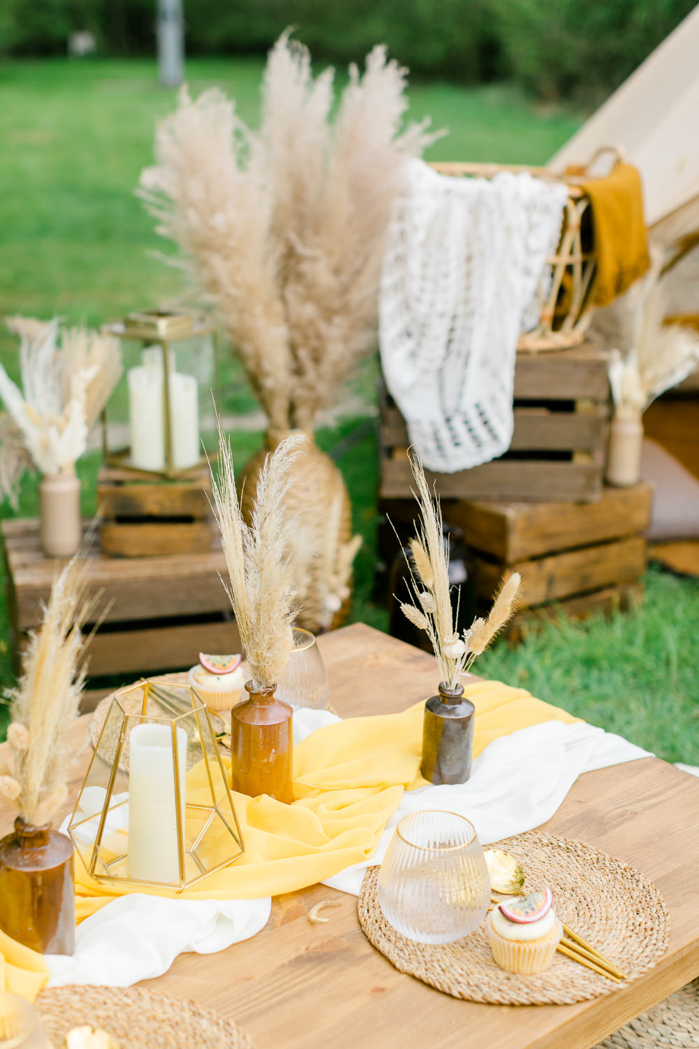 Table Decor Brown Glass Bottles Pampas Grass Yellow Cloth Boho Spring Wedding Jessica Holt Photography