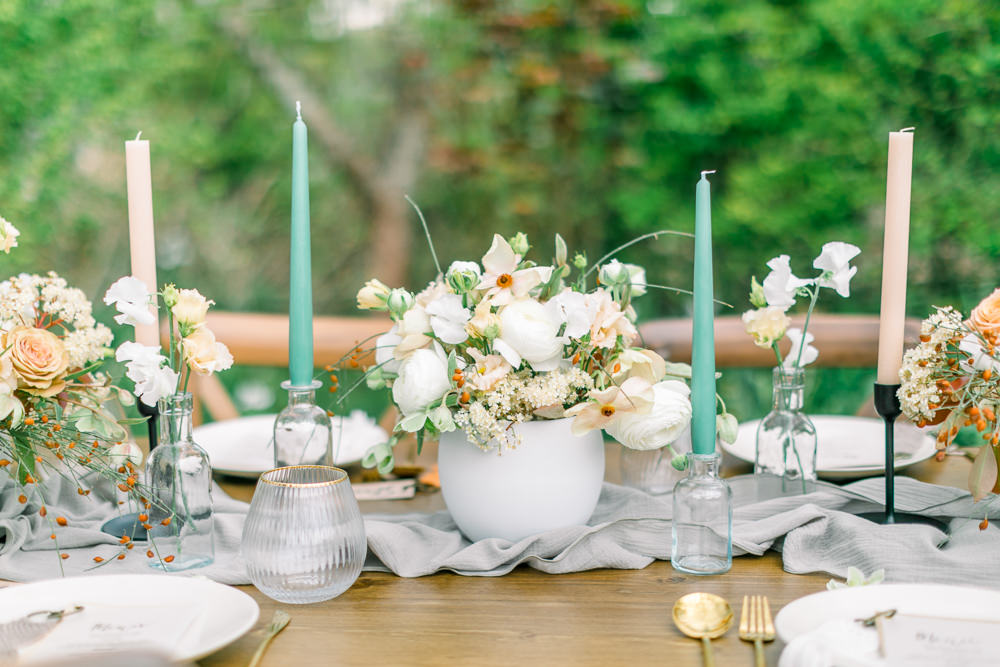 Table Flowers Centrepiece Decor Green Blush Boho Spring Wedding Jessica Holt Photography