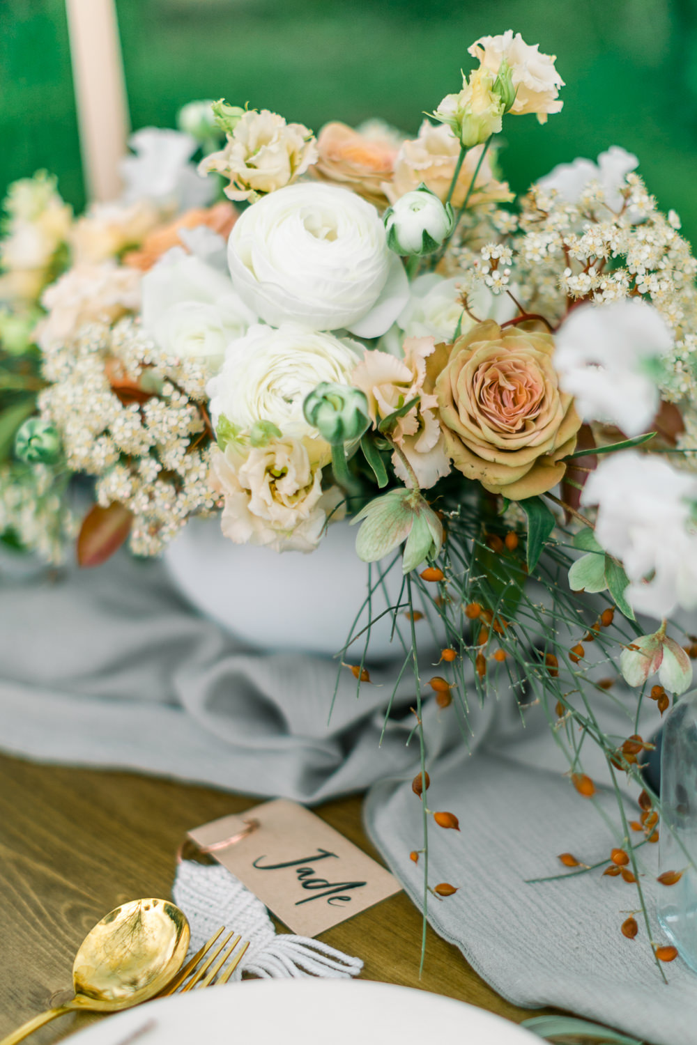 Table Flowers Centrepiece Decor Green Blush Boho Spring Wedding Jessica Holt Photography