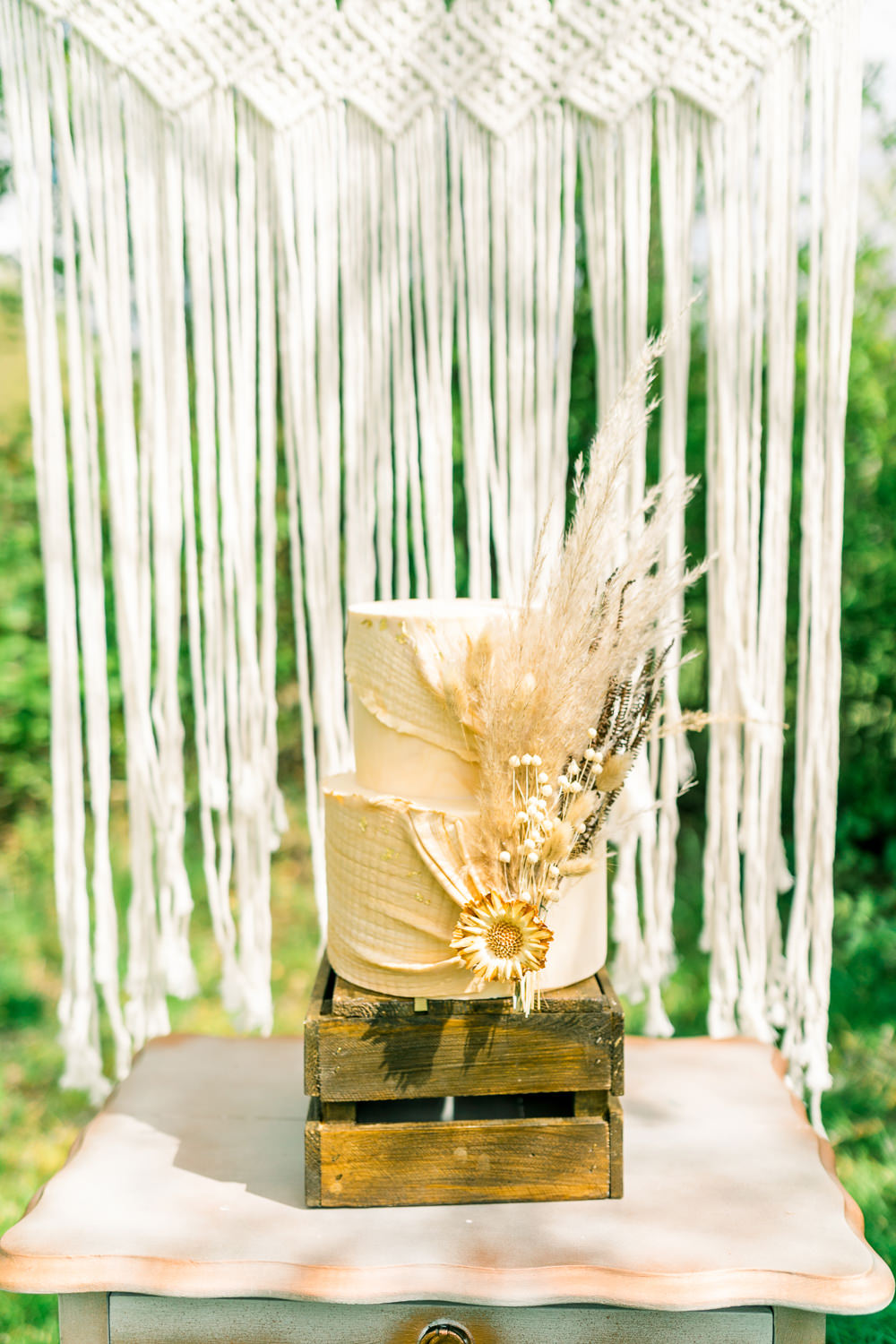Two Tier Cake Pampas Grass Dried Flowers Wooden Box Crate Boho Spring Wedding Jessica Holt Photography