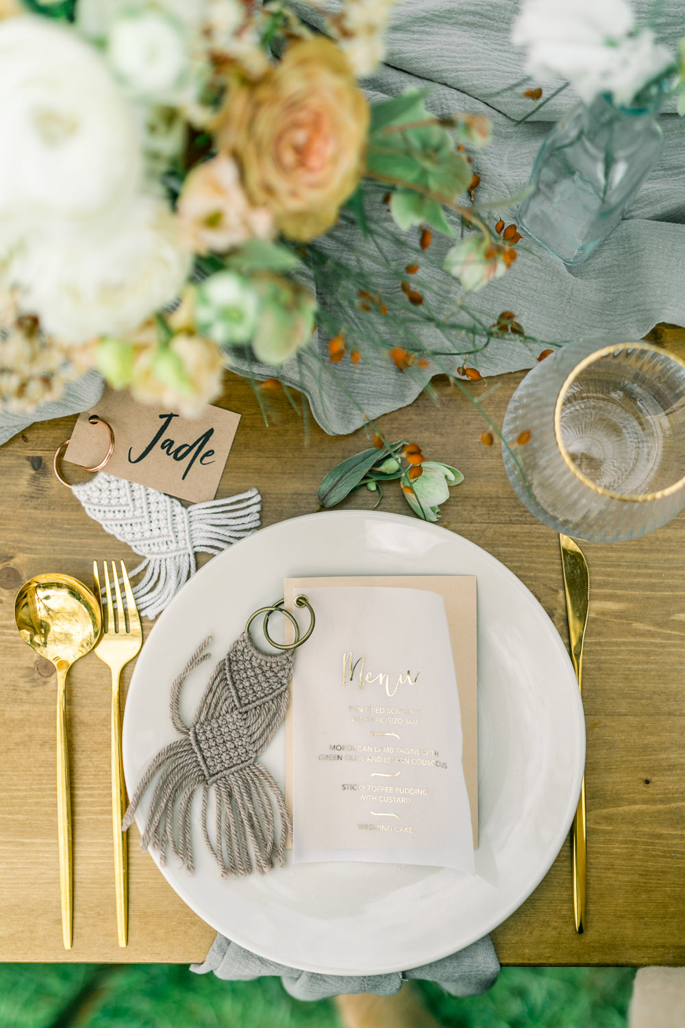 Place Setting Gold Cutlery Tassel Card Boho Spring Wedding Jessica Holt Photography