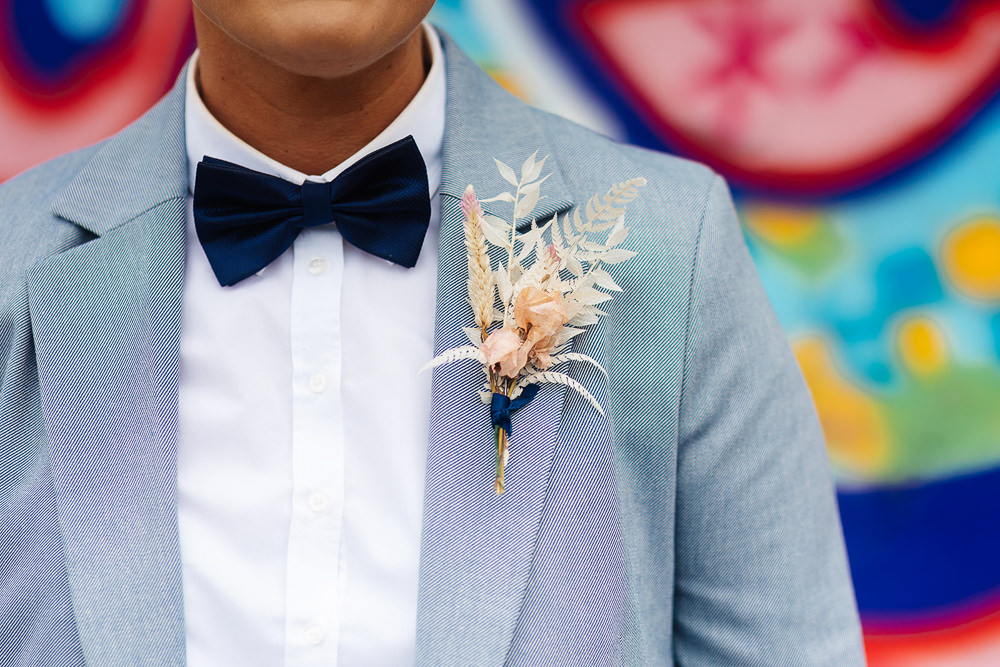 Bow Tie Blue Suit Buttonhole Flowers Clockworks Wedding Liverpool Rachel Burt Photography