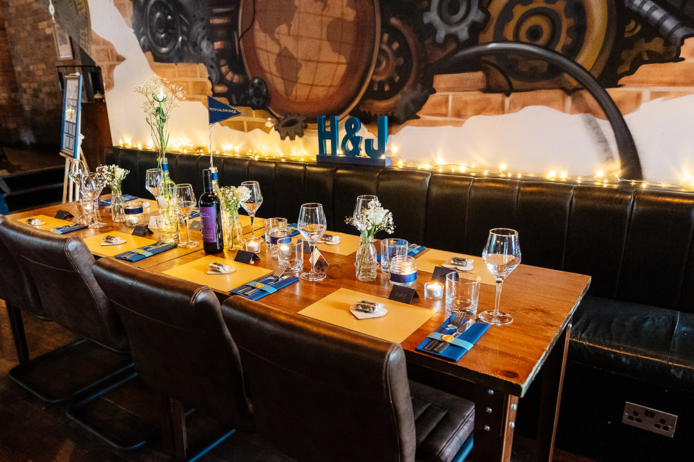 Wooden Long Table Yellow Blue Decor Clockworks Wedding Liverpool Rachel Burt Photography