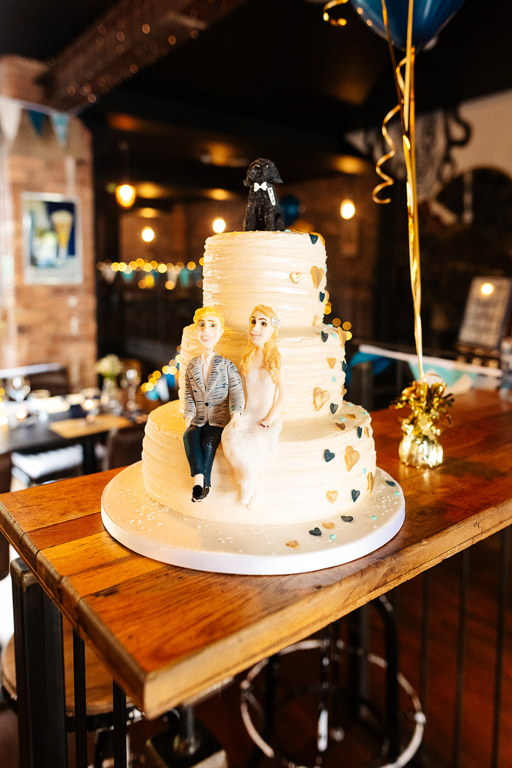 Cake Brides Topper Pet Dog Yellow Blue Hearts Clockworks Wedding Liverpool Rachel Burt Photography