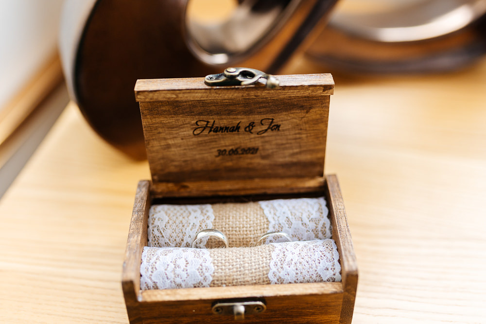 Wooden Ring Box Lace Hessian Clockworks Wedding Liverpool Rachel Burt Photography