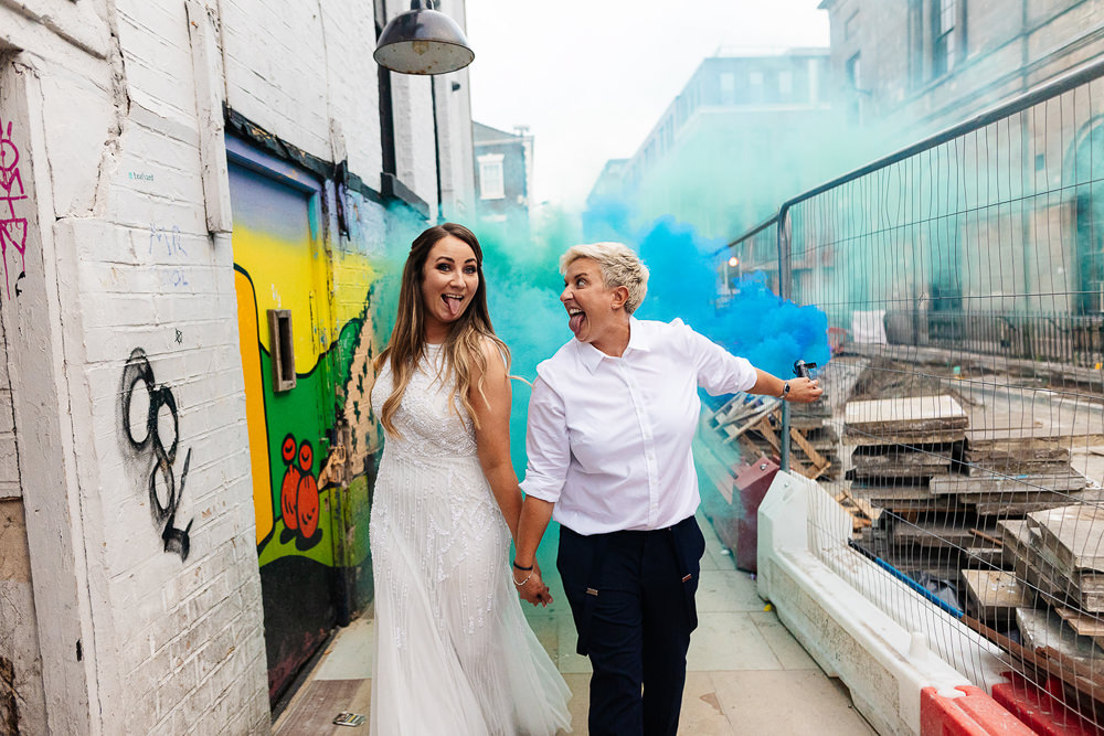 Clockworks Wedding Liverpool Rachel Burt Photography Smoke Bombs Green Blue