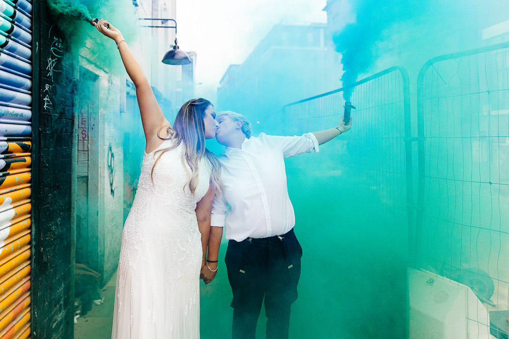 Clockworks Wedding Liverpool Rachel Burt Photography Smoke Bombs Green Blue