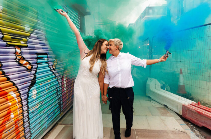 Clockworks Wedding Liverpool Rachel Burt Photography Smoke Bombs Green Blue