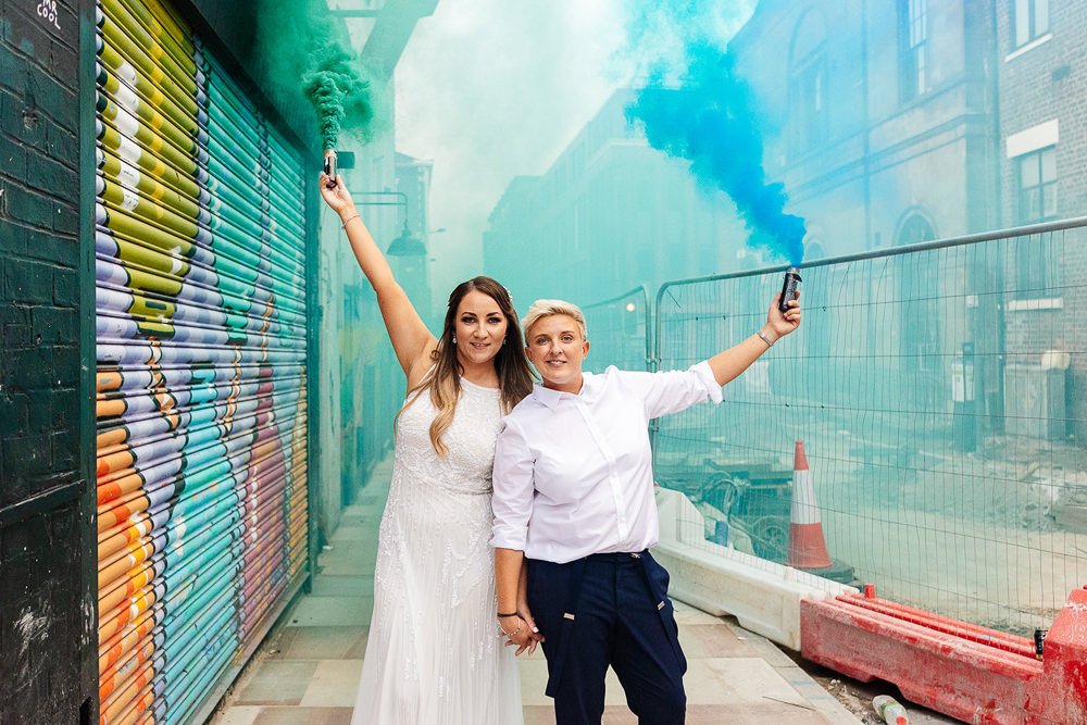 Clockworks Wedding Liverpool Rachel Burt Photography Smoke Bombs Green Blue