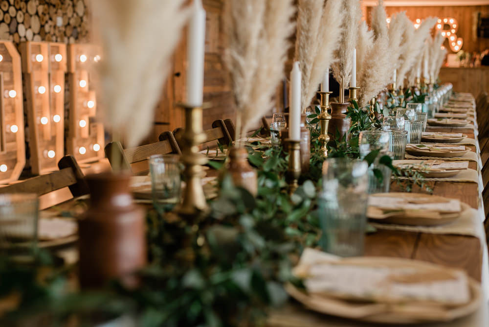 Long Table Pampas Grass Greenery Copper Bottles Decor Centrepiece Crown Lodge Wedding Tasmin May Photography