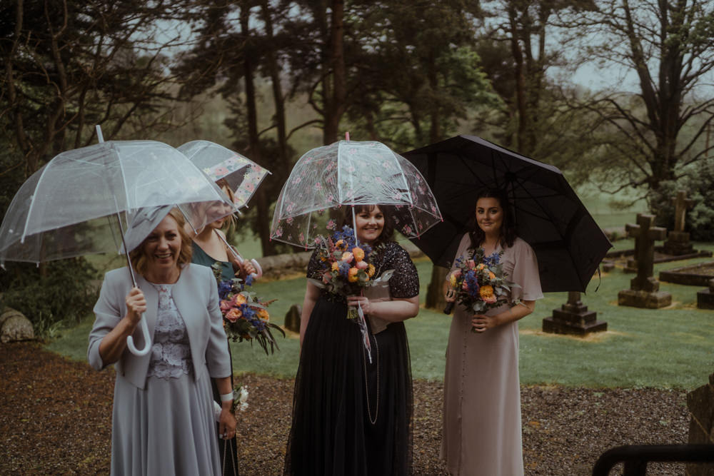 Mismatched Bridesmaids Umbrellas Dalmahoy Hotel Wedding Belle Art Photography