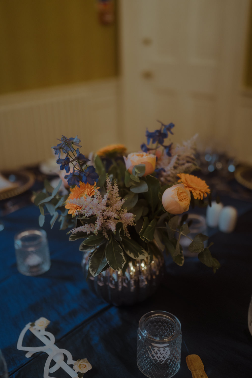Navy Blue Table Blue Coral Peach Flowers Decor Dalmahoy Hotel Wedding Belle Art Photography