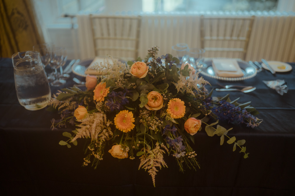 Top Table Flowers Navy Blue Peach Dalmahoy Hotel Wedding Belle Art Photography