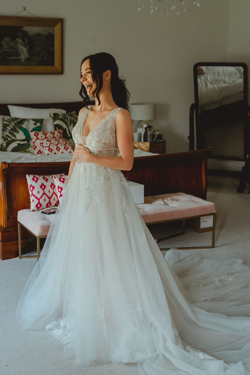 Dress Gown Bride Bridal Tulle Lace Train Veil Fishley Hall Wedding Georgia Rachael