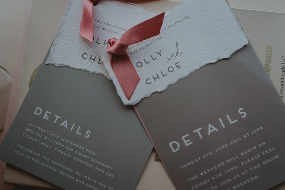 Stationery Grey White Modern Pink Ribbon Fishley Hall Wedding Georgia Rachael
