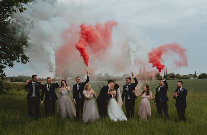 Fishley Hall Wedding Georgia Rachael Smoke Bombs Red