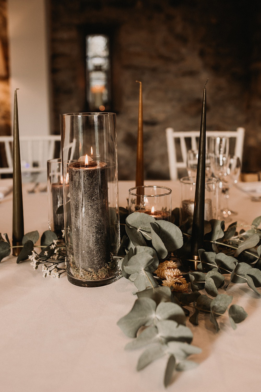 Centrepiece Table Decor Greenery Candles Henblas Country Park Wedding Love Luella