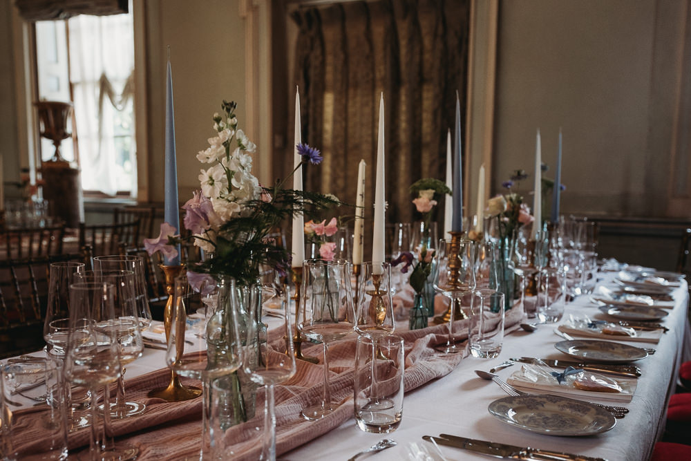Table Decor Pink Cloth Candle Sticks Flowers Island Hall Wedding ThymeLane Photography