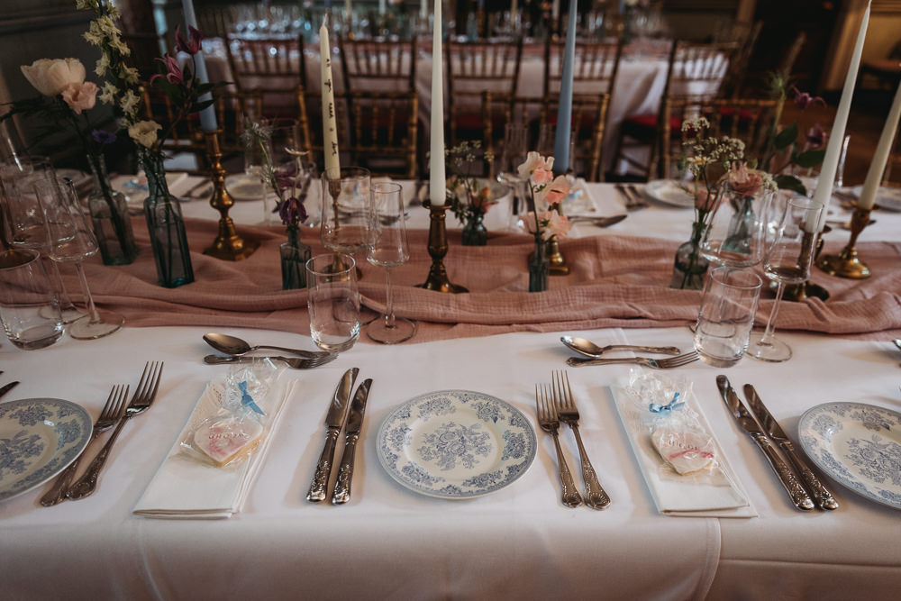 Table Decor Pink Cloth Candle Sticks Flowers Island Hall Wedding ThymeLane Photography